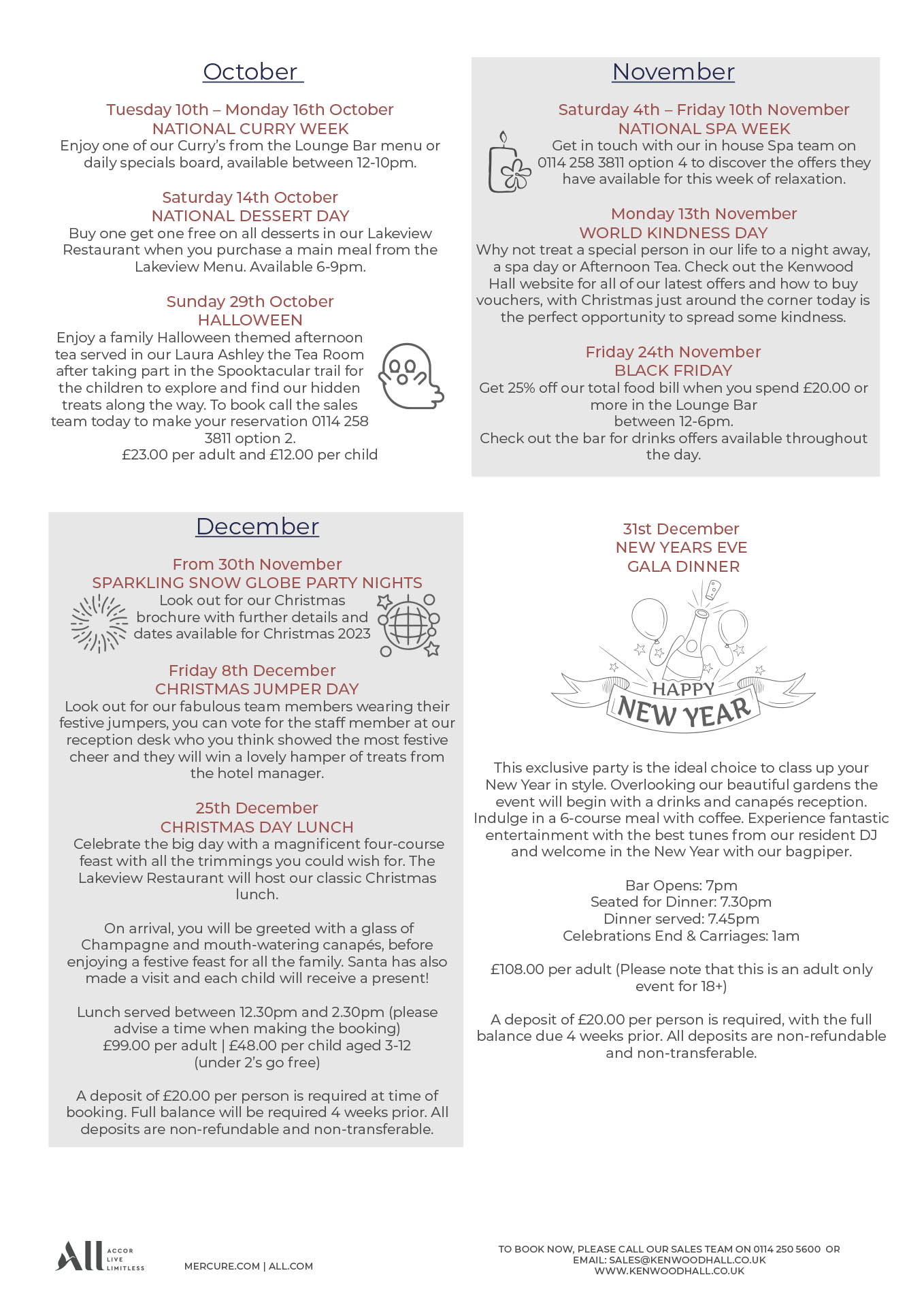2023 October to December Events at Mercure Sheffield Kenwood Hall Hotel & Spa